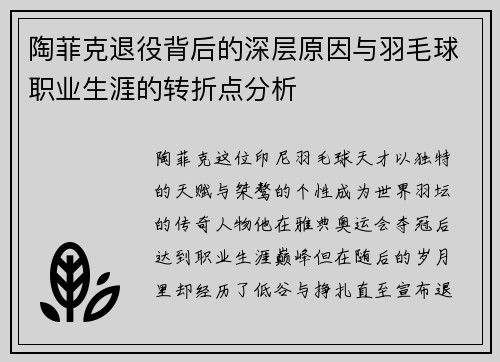 陶菲克退役背后的深层原因与羽毛球职业生涯的转折点分析