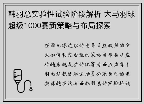 韩羽总实验性试验阶段解析 大马羽球超级1000赛新策略与布局探索 韩羽总实验性试验阶段解析 大马羽球超级1000赛新策略与布局探索